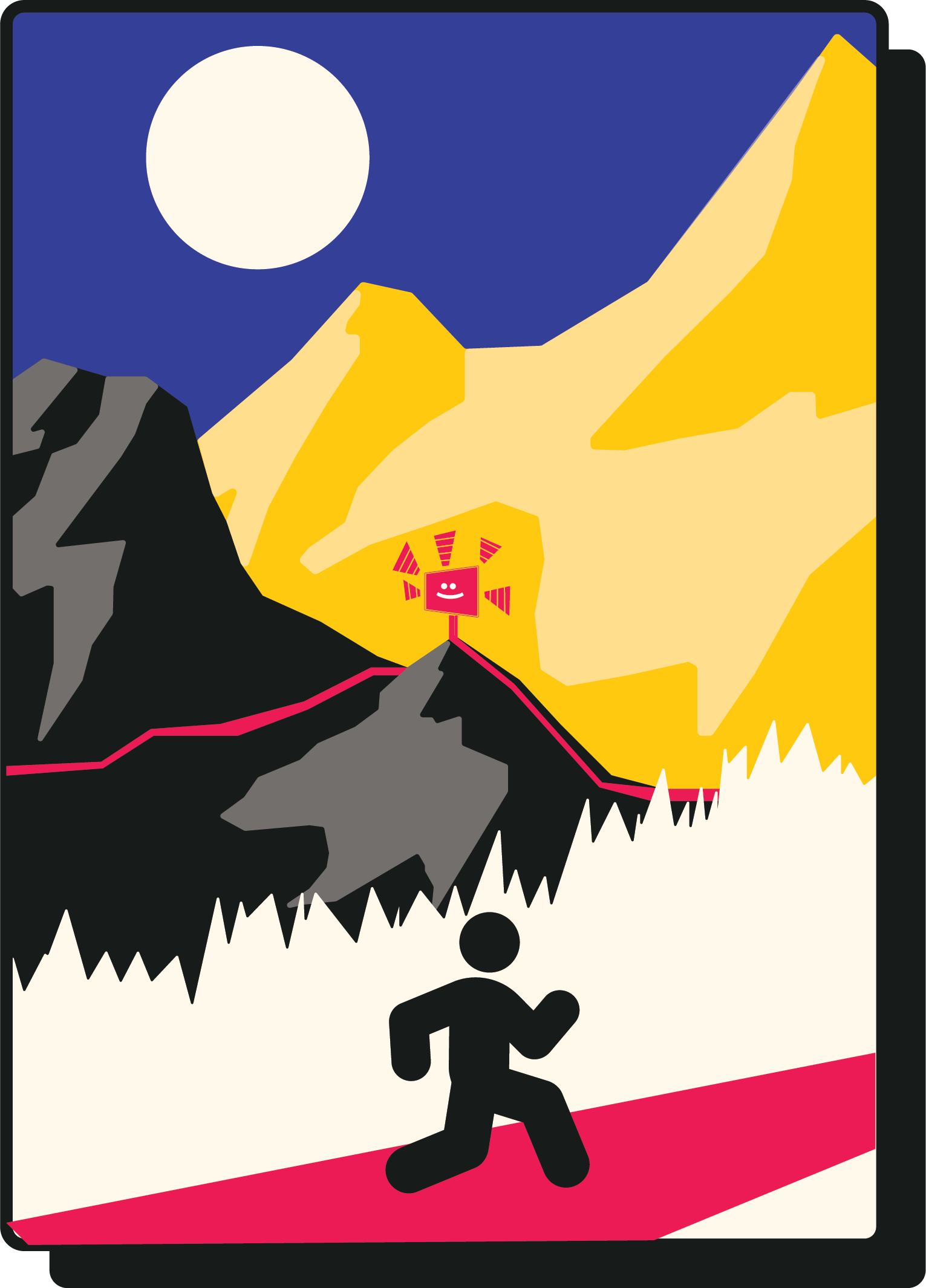 Affiche : un coureur grimpe un sentier de montagne, le panneau souriant du Ravito l'attend au sommet