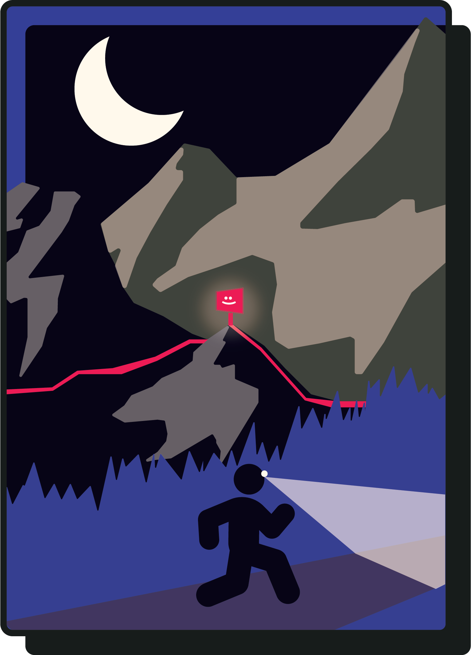 Affiche : un coureur à la frontale dans la nuit, le panneau lumineux du Ravito brille plus haut sur la montagne